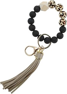 Llavero de pulsera para mujer, elegante llavero de cuentas con borla de color marrón
