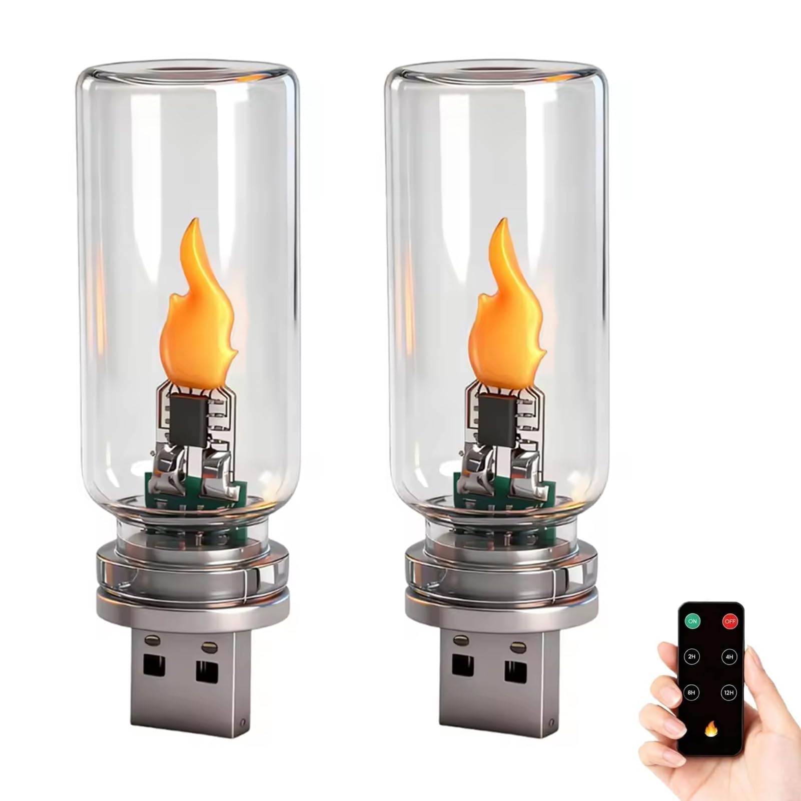 CHENRI 2PCS USB Flame Ambiance Light, Dynamic Flickering Mood Nightlight, LED Flame Effect Light with Remote & Timer, Flashing USB LED Decorative Lights for Car & Bedroom Decoration (A)