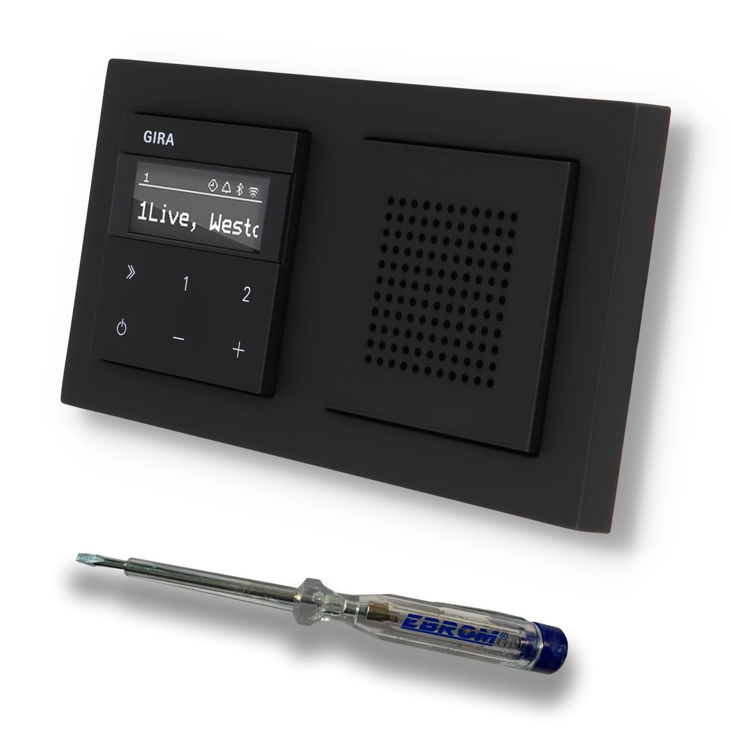 Gira Unterputz IP Internetradio 232003 + Bluetooth Komplett-Set mit Lautsprecher - E2 schwarz matt mit 2fach Rahmen Gira 021209 inkl. EBROM Phasenprüfer zur Montage der Geräte