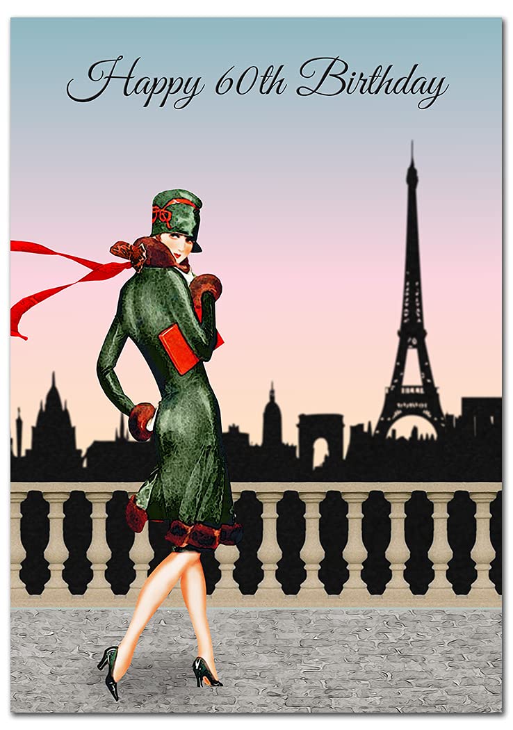 Extra Large 60th Birthday Card for Women - XL Big thick A4 size - Special Age Year - Cool Flapper 1920 Style Paris Art - Beautiful Female Greeting Her Huge Happy Wishes Nice - UK Eco-Friendly — image 1