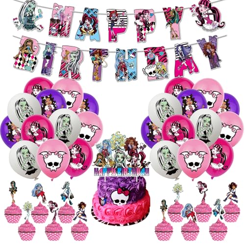 Lot de 34 décorations d'anniversaire Monster H avec bannière, ballons monstres, décorations de gâteaux et cupcakes, fournitures de fête sur le thème des filles monstres pour enfants
