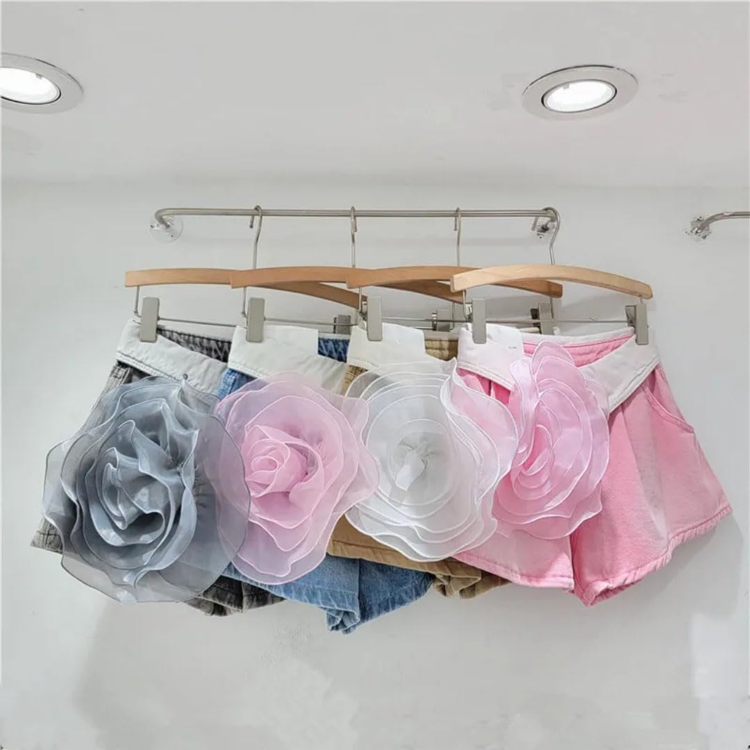 Women's Spliced Mesh Flower Revers High Waist Denim Shorts Solid Short Pants