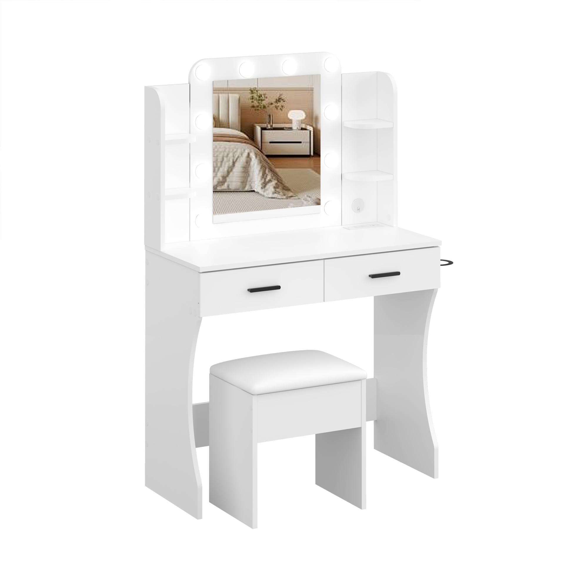 Panana Vanity Desk Set with Mirror, LED Lights and Power Outlet Makeup Table with 2 Large Drawers and Round Holder, Dressing Table with Cushioned