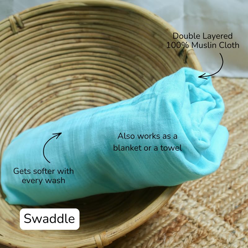 Image of Baby Gift Set - Chand Tara | Newborn Gift Set with Muslin Swaddle, Wooden Rattle, Rolling Toy & Neem Wood Teether | Handmade in India | Non Toxic Baby Gift