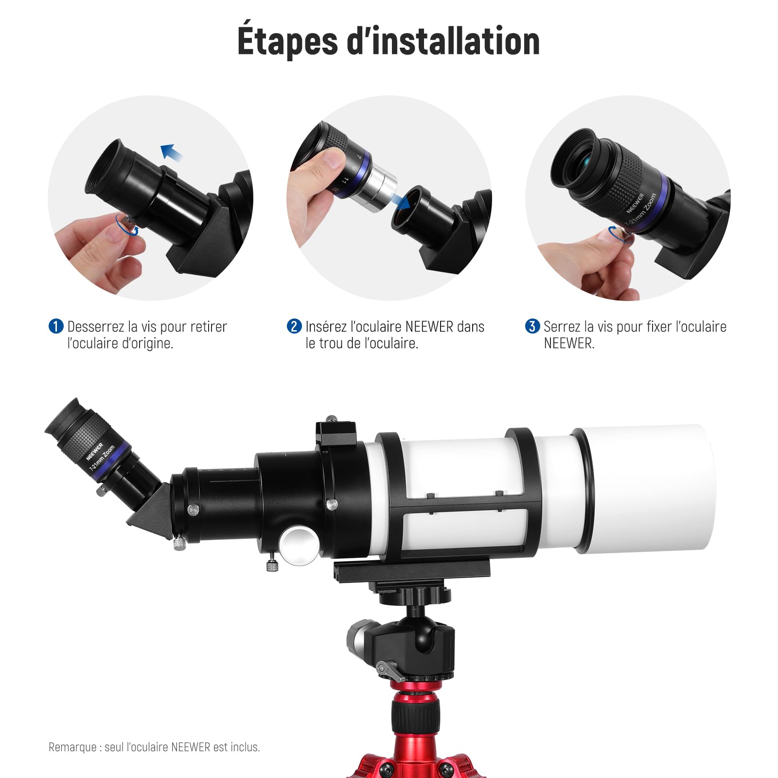 NEEWER Oculaire de Télescope Zoom avec Plage Focale de 7 à 21mm,Champ de Vision de 40°à 57°,Dégagement Oculaire de 15mm,5 éléments en 3 Groupes pour Télescope Astronomique avec Baril 1,25 Pouce,LS-T22