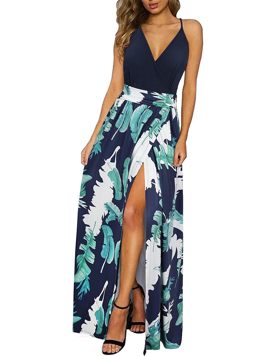UUAISSO Vestido Bohemio De Verano para Mujer Tirantes Finos Cuello en V Color Sólido Floral Playa Largo Maxi Vestido
