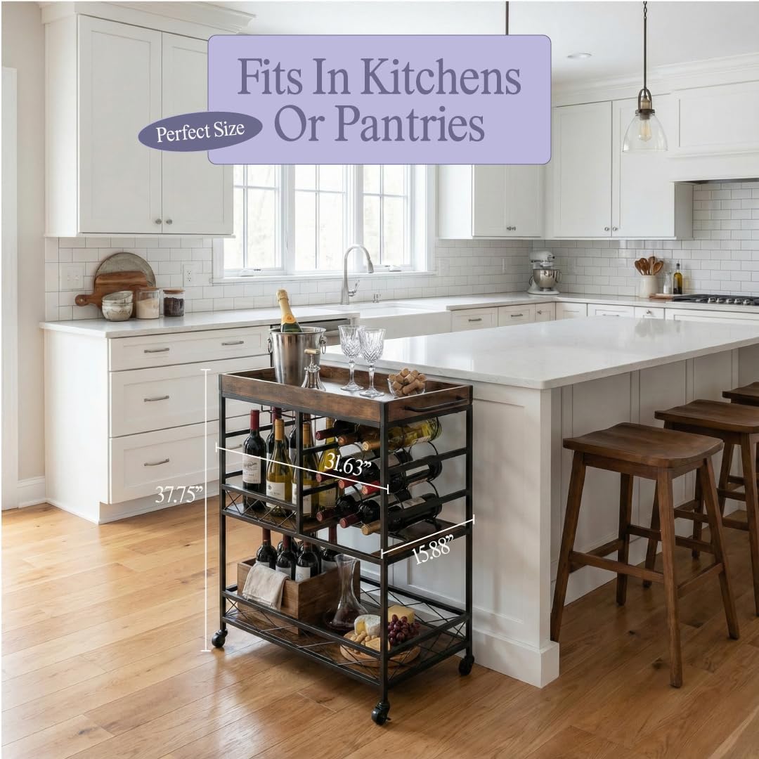 Elmonte Wine & Bar Cart with Wheels – 3-Tier Rolling Cart with 12-Bottle Rack & Glass Holder, Stable Industrial Metal & Wood Serving Cart for Kitchen, Coffee Station & Small Spaces