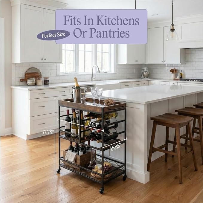 Carrito para Vinos y Bar Elmonte con Ruedas - 3 Niveles, Estante para 12 Botellas miniatura 4