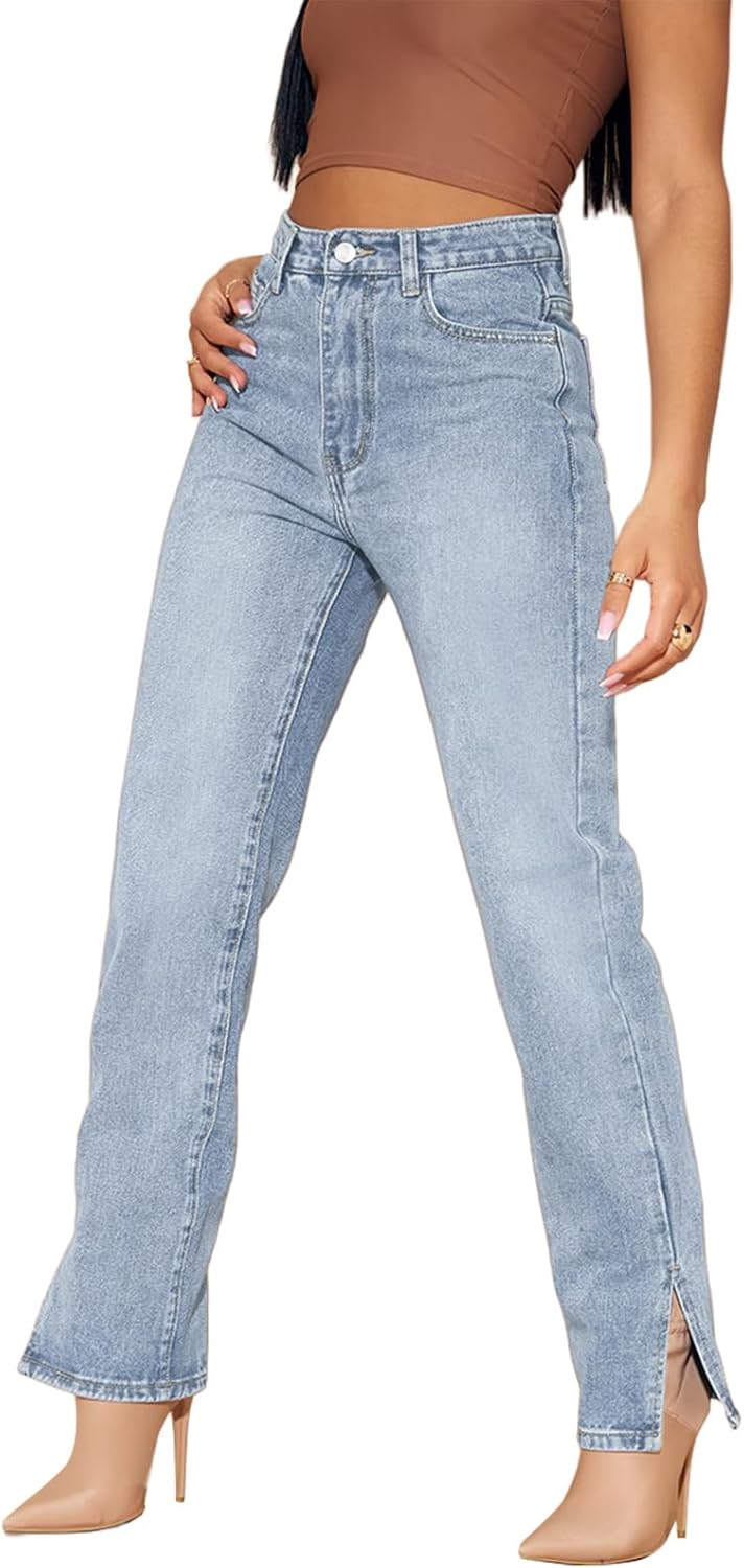 Women’s Straight Leg Washed High Waist Denim Jeans Stretchy Trendy Split Hem Pants