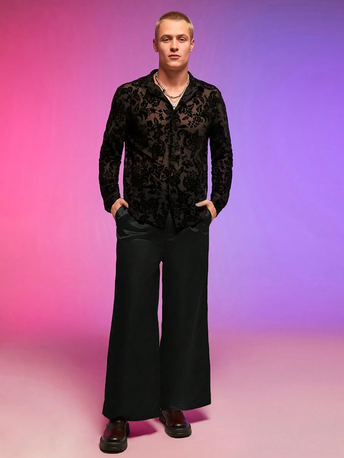 WDIRARA Men's See Through Mesh Shirt Collared Long Sleeve Textured Shirt Tops - Image 5