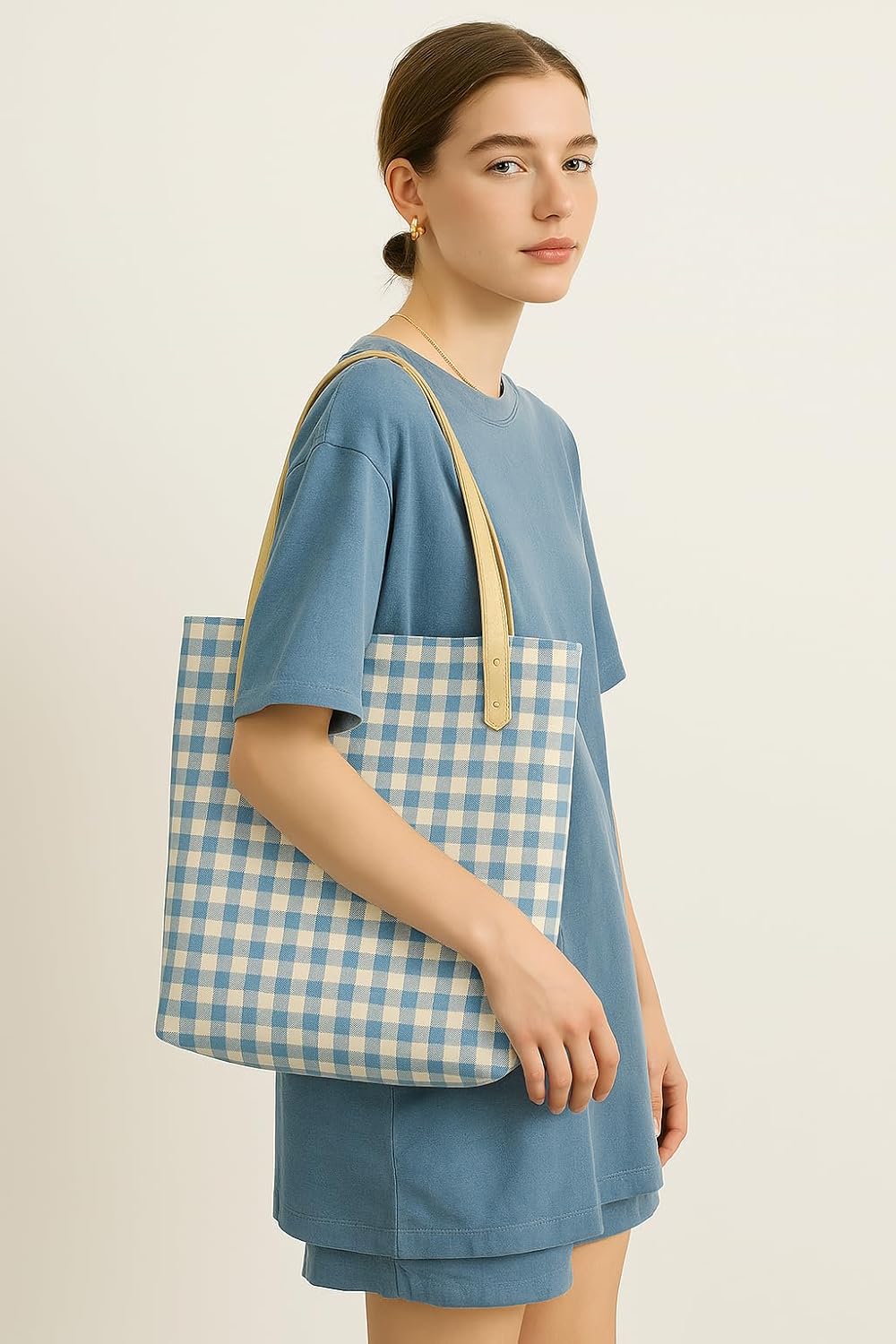 Jeelow Market Street Canvas Tote Bag Handbag Padded Purse with Vegan Leather Handles Floral Or Plaid
