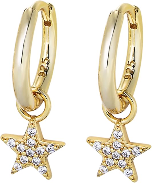 18K Gold Plated 925 Sterling Sliver Huggie Hoop Earrings for Women Ladies Girl Dangle Drop Earrings Cubic Zirconia Gift for Women Mother Dainty Gold Star Earrings (PS-D-STAR)