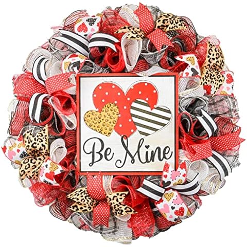 Valentines Wreaths - Cheetah Heart Valentine's Day Decor - Be Mine Valentines Mesh Door Wreath - Floral Decor - Red Pink White Green Cover