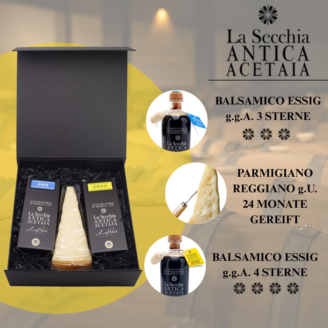 La Secchia – Handgemachter Feinschmecker-Korb, Balsamico-Essig aus Modena g.g.A., Parmigiano Reggiano, Gourmet-Set mit typischen italienischen Spezialitäten, Tasche als Geschenk, 100 % Made in Italy
