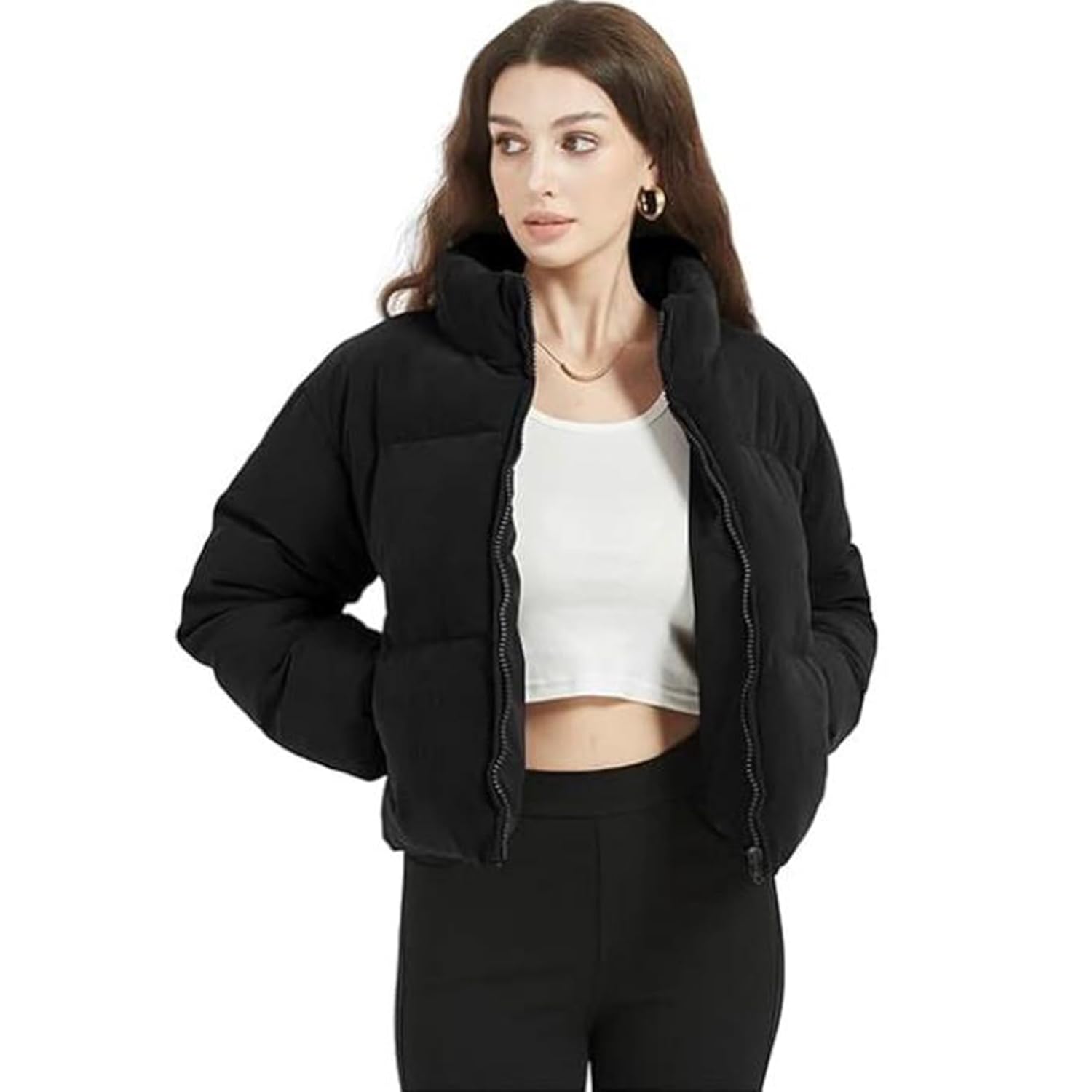 Buy VEAMOS Women's Black Cropped Puffer Jacket | High Neck Zip-Up Winter Coat | Lightweight Warm Quilted Outerwear | Trendy Casual Wear for Cold Weather | Stylish Short Jacket for Girls &