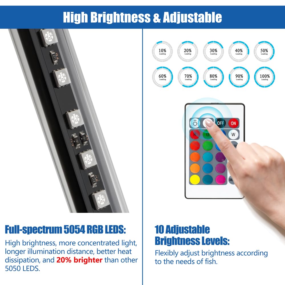 Luz LED para acuario con IP68 impermeable y función de memoria, luz sumergible para pecera con control remoto y 16 colores, 23 pulgadas de brillo, barra de luz subacuática ajustable para