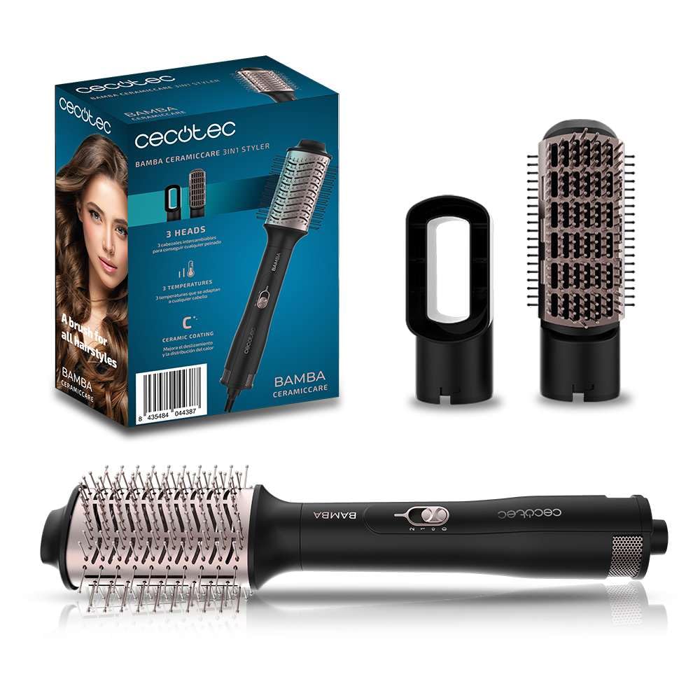 Cecotec Cepillo de Aire 3 en 1 Bamba CeramicCare 3in1 Styler, 1200 W, Alisa, Ondula y Seca el Cabello, 3 Cabezales Intercambiables, 3 Temperaturas y 2 Velocidades, Revestimiento de Cerámica