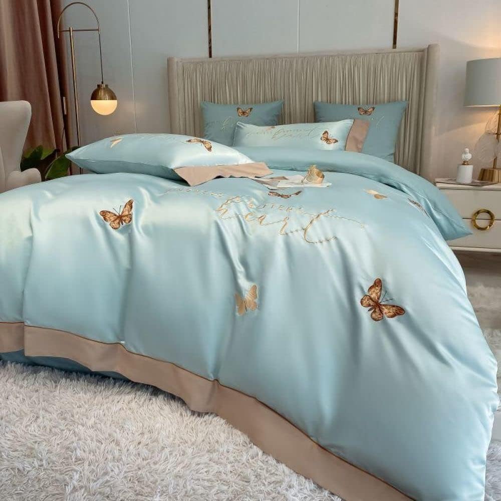 4-Piece Washed Silk Embroidered Flat/Fitting Bed Linen and Pillowcase 4 Fitted King Size (5 Flat Queen Size)