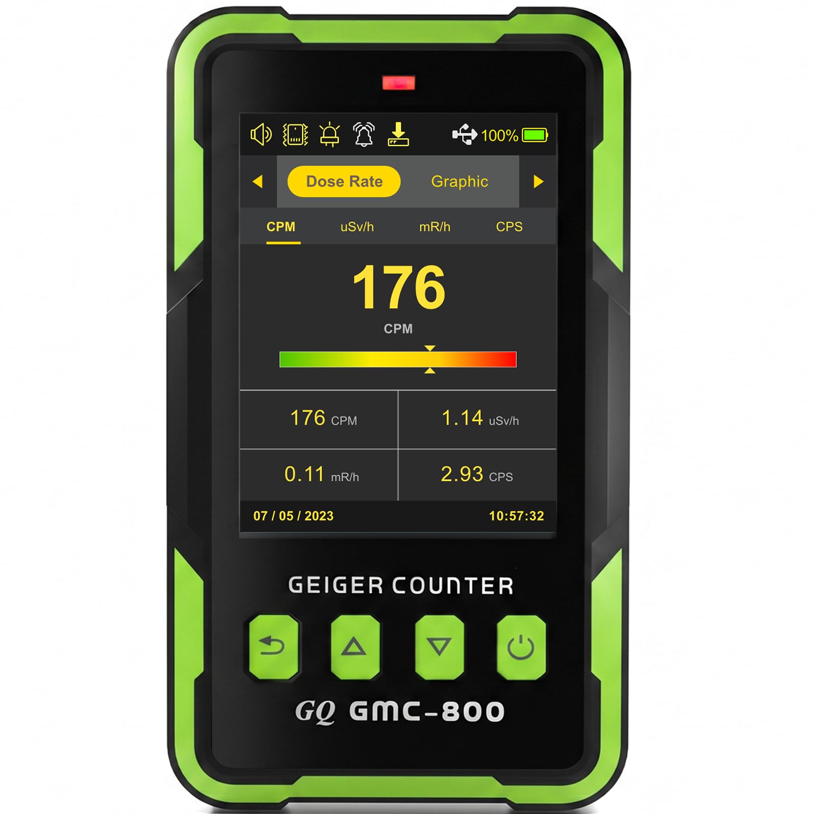 Nuclear Radiation Detector GQ GMC-800 USA Design Product US National Standard Large Color LCD Display 5 Alarm Types Dosimeter Data Save & Global Share Beta Gamma X-ray Portable Multifunction Device — Amazon image 10