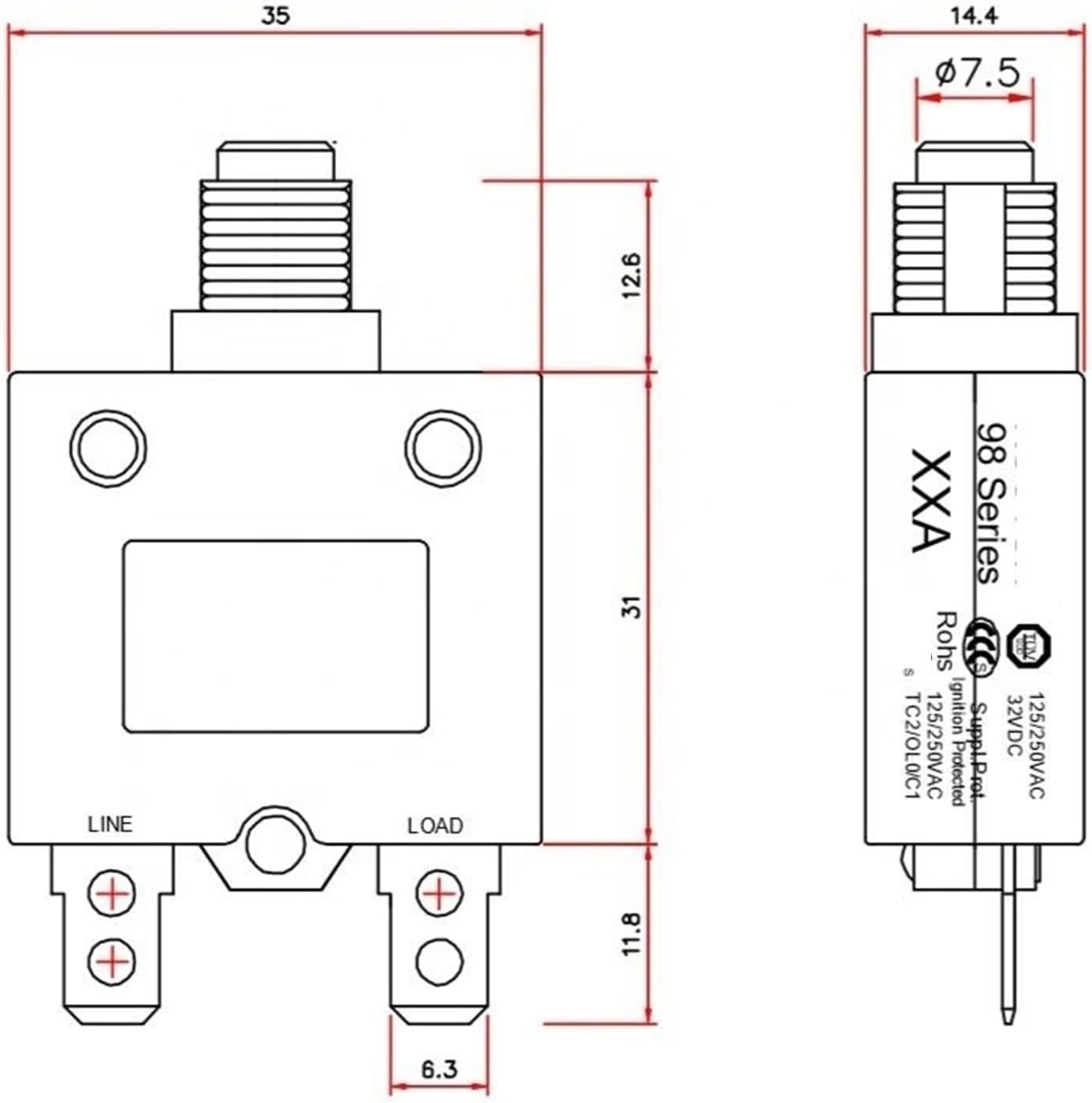 MOBYAT 98 Series 8A 250VAC Manual Reset Thermal Overload Switch Mini Circuit Breaker 1Pcs (Size : with Cap, Color : 20A)