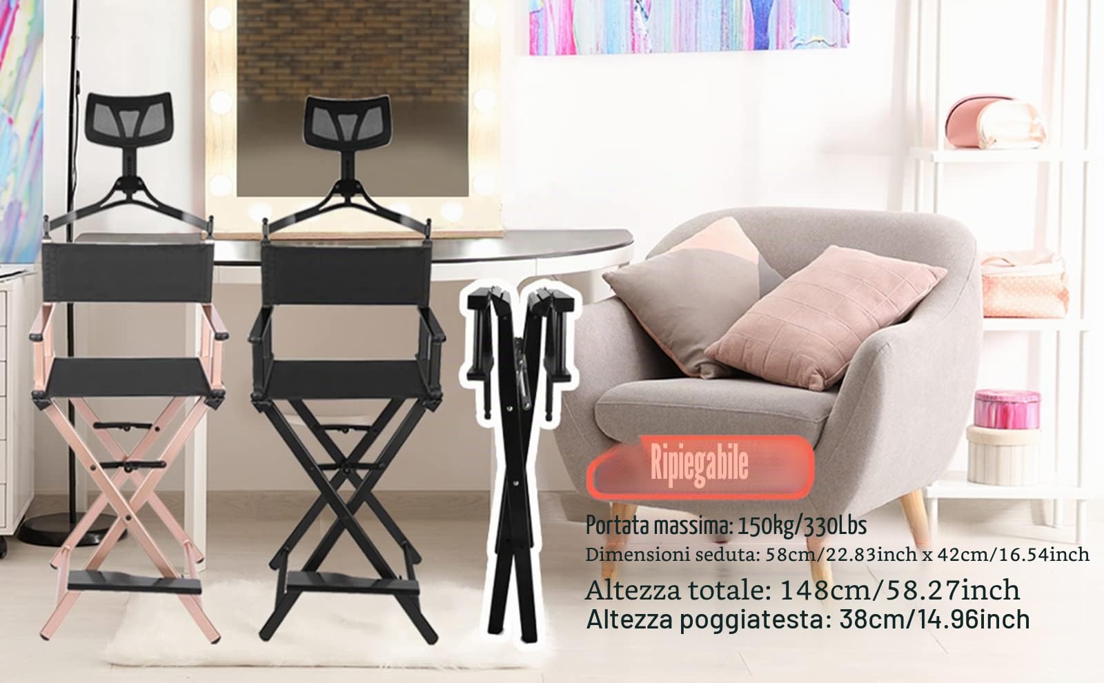 Sedia da Trucco Professionale in Alluminio - Regista Pieghevole con Poggiatesta Rimovibile, Altezza 148 cm, Supporti Resistenti 330 Libbre, Rose Gold