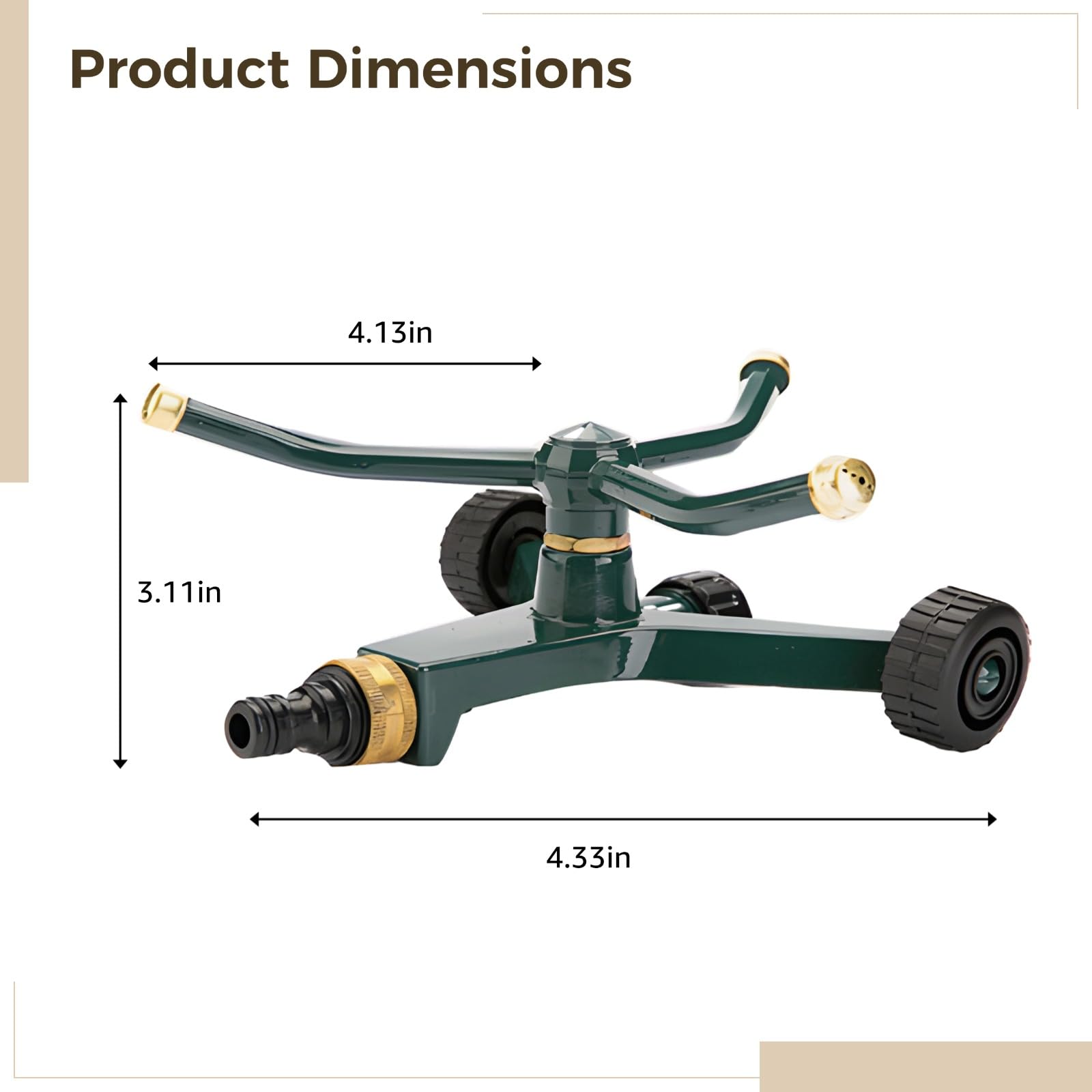 Irrigatore in metallo a 3 bracci con base ruota, irrigatore rotante a 360 gradi, copertura di 845 mq, ugello in rame, sistema di irrigazione da giardino a connessione rapida, per prato e aree esterne