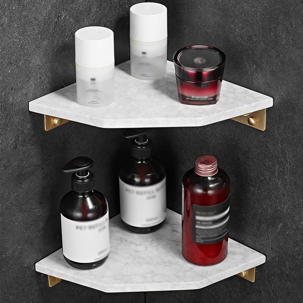 BAHELS Corner Shower Caddy Nordic Full Copper Natural Marble Triangle Bathroom Shower Storage Rack Shower Caddy Shelf Organizer