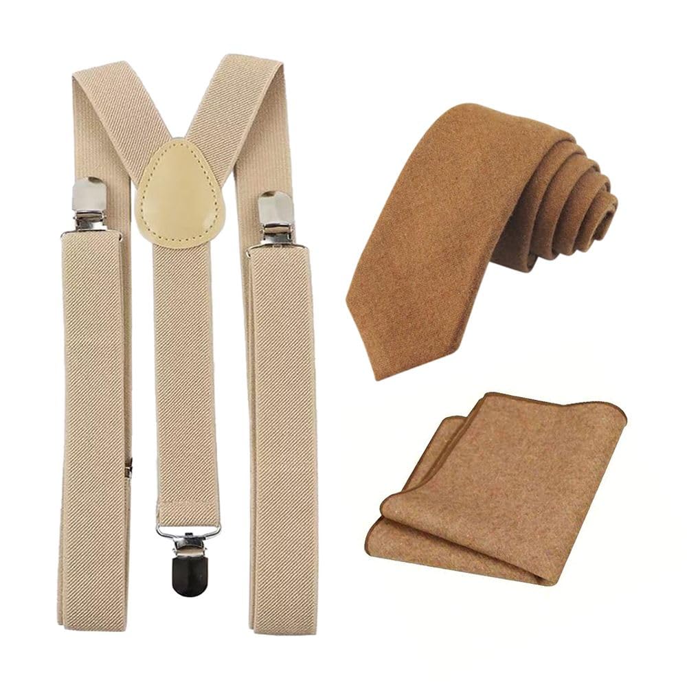Db Dickie Bow Men's Brown Neck Tie And Pocket Square & Beige Braces Luxury Wool Tie & Pocket Square (Brown) And Braces (Beige) Set - Suitable For Formalwear, Office, Weddings, Parties, Grooms & Grooms Outfits