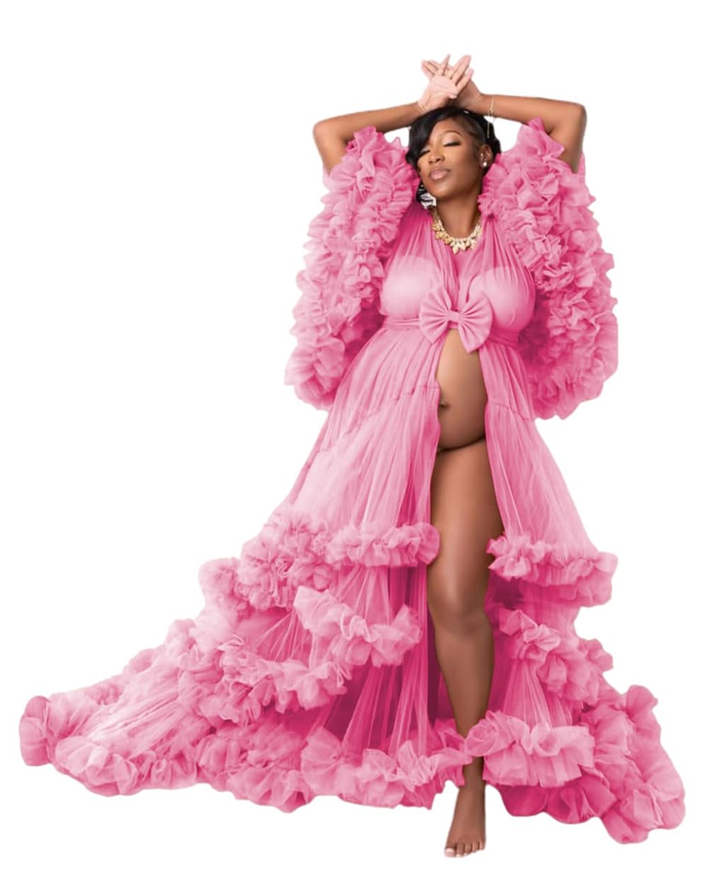 Fluffy Long Sleeve Robe Maternity Dress for Photoshoot Tiered Tulle Lingerie Baby Shower Bridal Pregancy Dress AH145 Rose Pink UK20