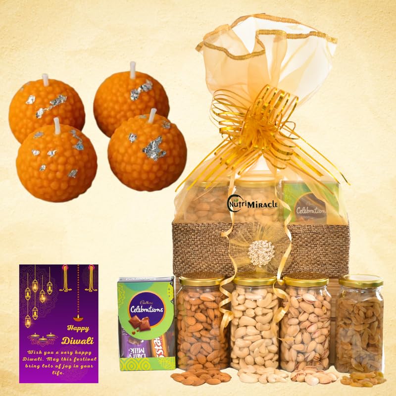 Image of NUTRI MIRACLE Diwali Dry Fruits Nuts Chocolates Laddu Candles Gift Pack for Friends & Parents
