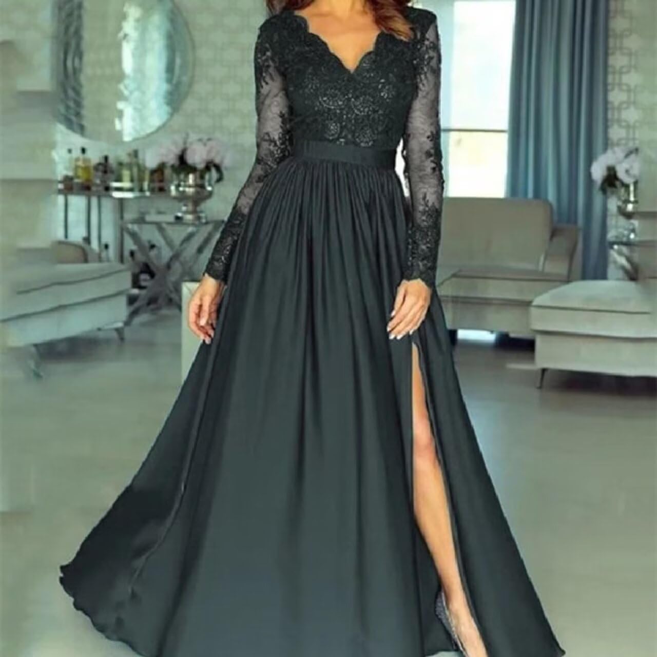 Dream Wedding Lace Appliques Satin Prom Dresses for Women Long Sleeve A-Line Formal Evening Gowns with High Slit DR0130