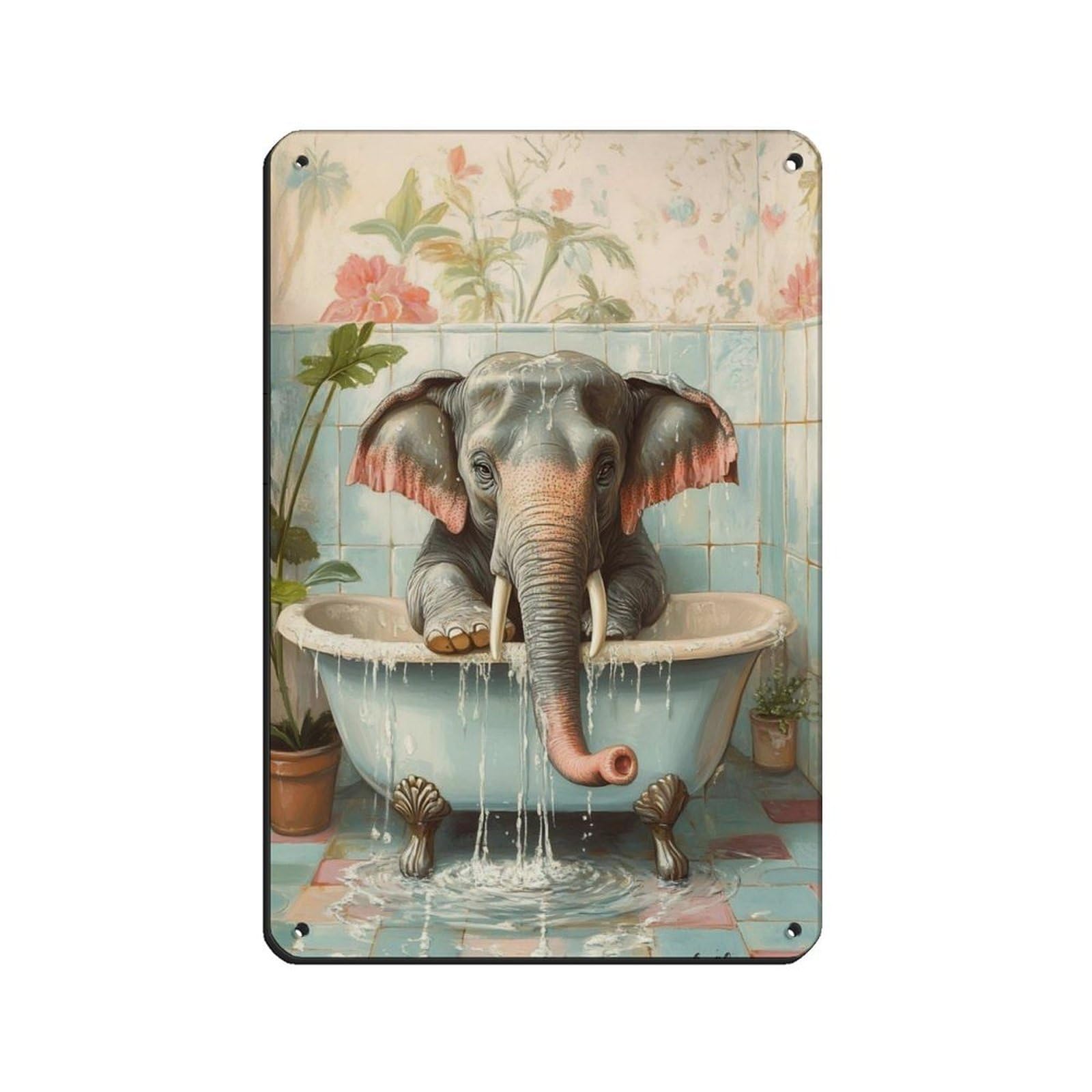 Cute Elephant in Bathtub, Animal in Bathroom Tin Sign Vintage Metal Pub Club Cafe Bar Home Wall Art Decoration Poster Retro 8x12inch(20x30cm)
