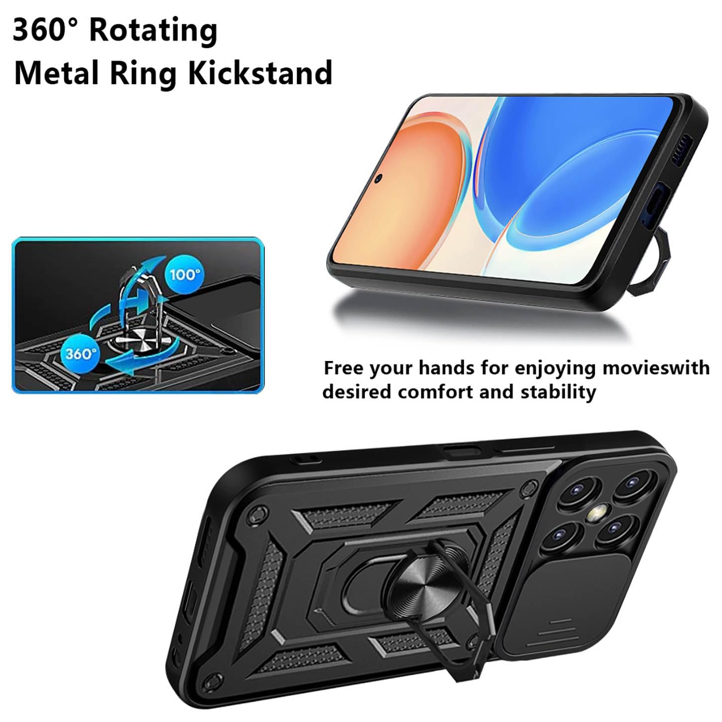 ILING Cover Honor 70 Lite 5G / X6 / X8 5G - Custodia Militare Con Anello Magnetico 360° E Supporto - Bumper Antiurdo Nero