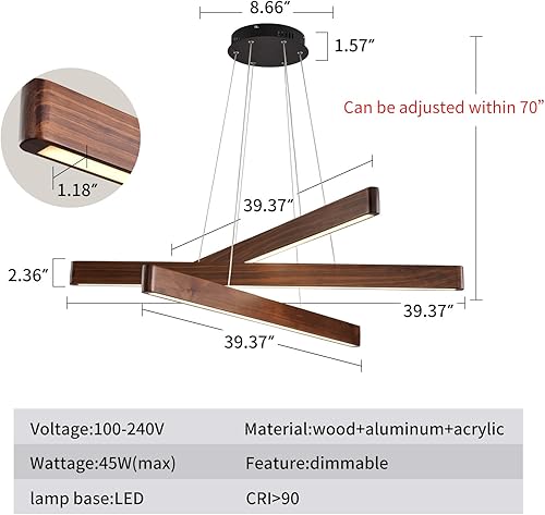Miniatura 2 de Lámpara colgante lineal de 3 luces, lámpara para comedor, lámparas de araña LED modernas para sala de estar, lámpara de techo de madera regulable,