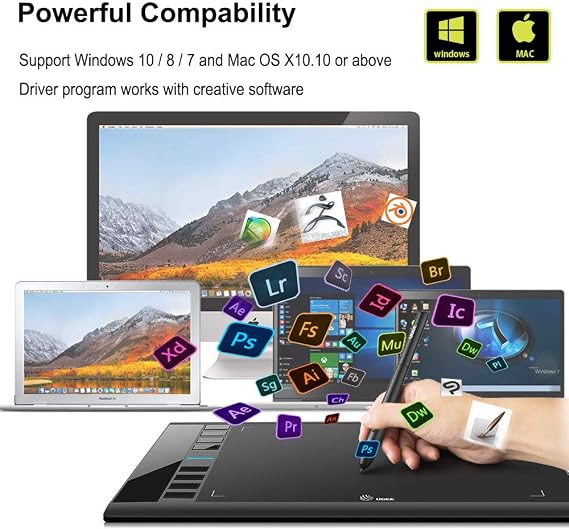 Drawing Tablet, UGEE M708 10 x 6 inch Large Drawing Tablet with 8 Hot Keys, Passive Stylus of 16384 Levels Pressure, Digital Graphics Art Tablet for PC Paint, Design, Art Creation Sketch