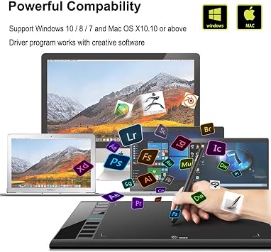 Drawing Tablet, UGEE M708 10 x 6 inch Large Drawing Tablet with 8 Hot Keys, Passive Stylus of 16384 Levels Pressure, Digital Graphics Art Tablet for PC Paint, Design, Art Creation Sketch