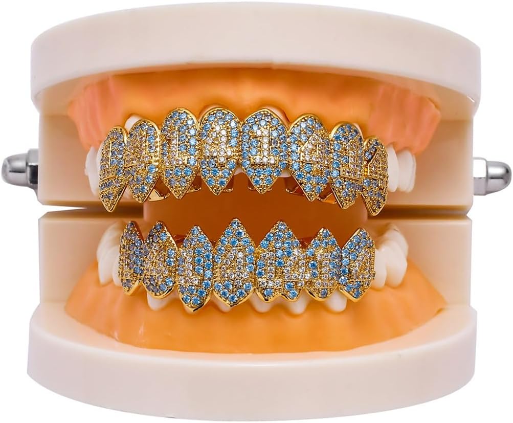 Gold Plated Vampire Fangs Slug Top and Bottom Grills for Your Teeth Grillz Set for Men and Women Hip Hop