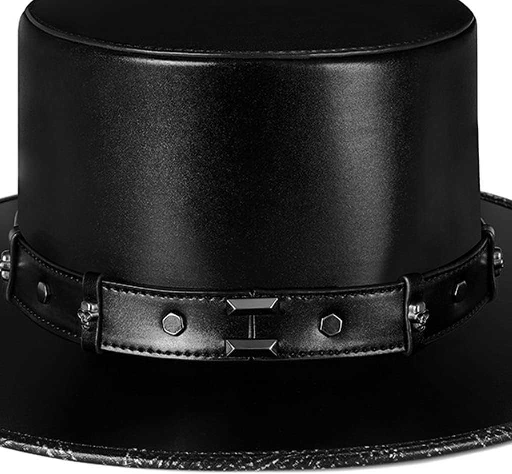 Steampunk Doctor Hat PU Leather Black Flat Top Hat for Halloween Cosplay Costume Props Masquerade for Men