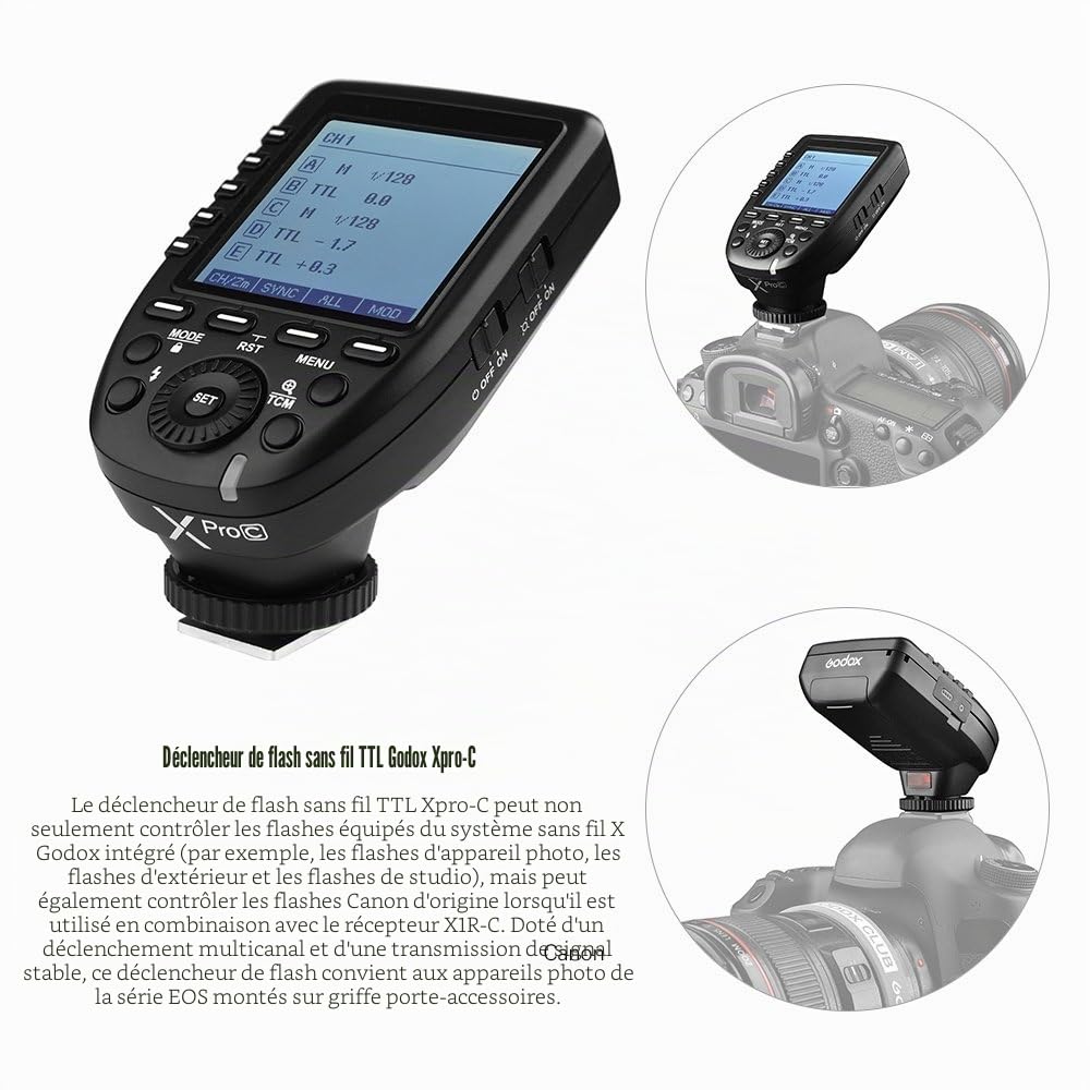 Godox Xpro-C Transmetteur Déclencheur de Flash E-TTL II Système 2.4G sans Fil X sans Fil 32 Canaux 16 Groupes Pris en Charge TTL Autoflash HSS 1 / 8000s pour Canon EOS Series