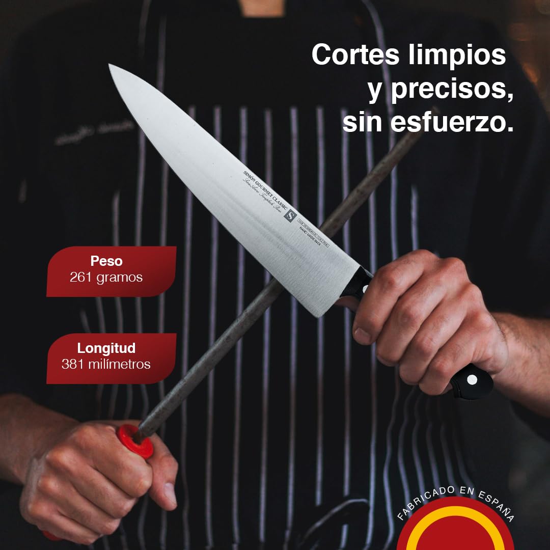 Cuchillo Cebollero Profesional 25cm Simón Gourmet Classic - Fabricado en España, Hoja Enteriza de Acero Troquelado para Verduras, Carnes y Pescados