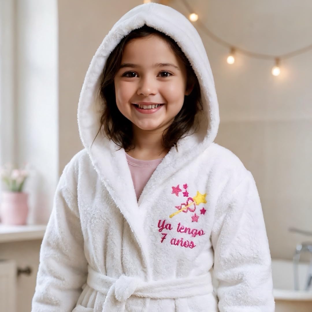Albornoz infantil personalizable con nombre bordado - Albornoz unisex niño/niña nombre - Fabricante Español -Bata de baño rizo blanco absorbente. Talla 1 a 16