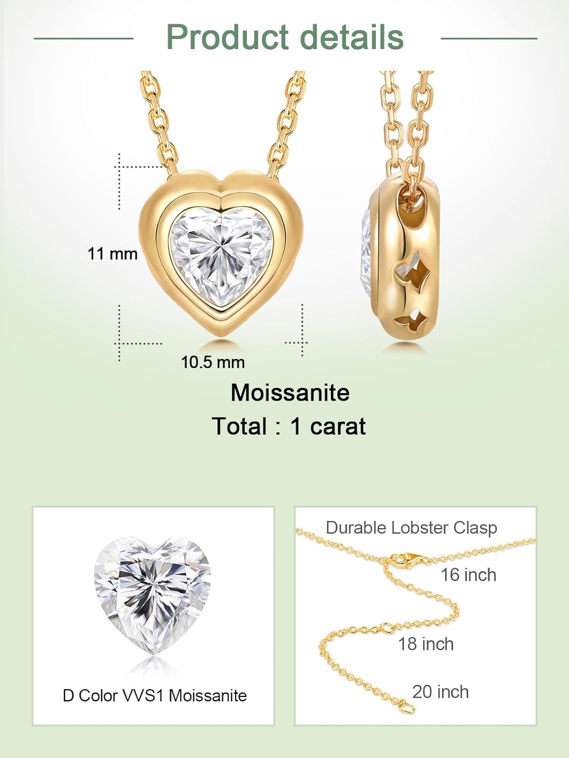 1CT/2CT Moissanite/Emerald/Sapphire/Ruby Necklace for Women, Solid 925 Sterling Silver with Yellow Gold/Rhodium Finish, 16"/18"/20" Adjustable Chain, Anniversary Valentine Jewelry
