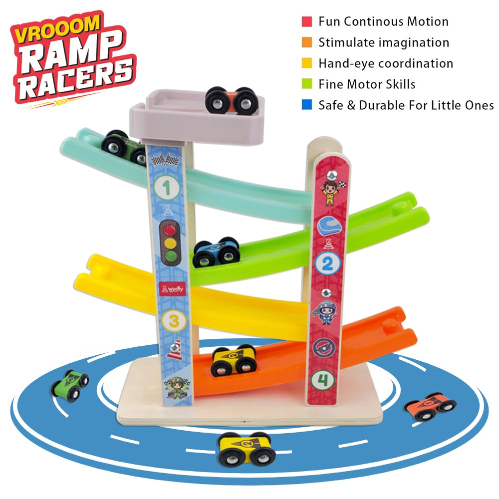 Wudly Car Ramp Race Track, 4 Level Wooden Slide with 4 Cars, Pretend Toy | Educational Montessori for Toddlers 2 Years+ 1