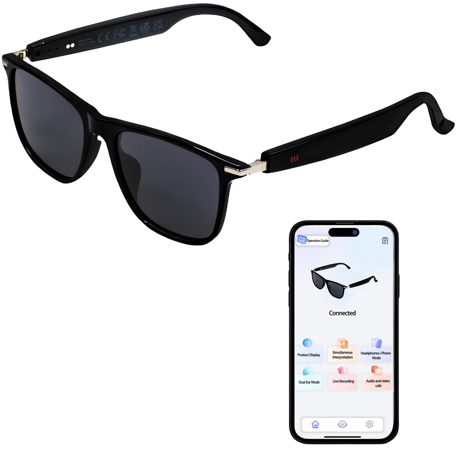 Gafas Inteligentes con Bluetooth, AI Translator Gafas de Sol Hombre y Mujer con Micrófono para Llamadas por Smartphone Escuchar Música Anti UV Impermeables, 110+ Idiomas