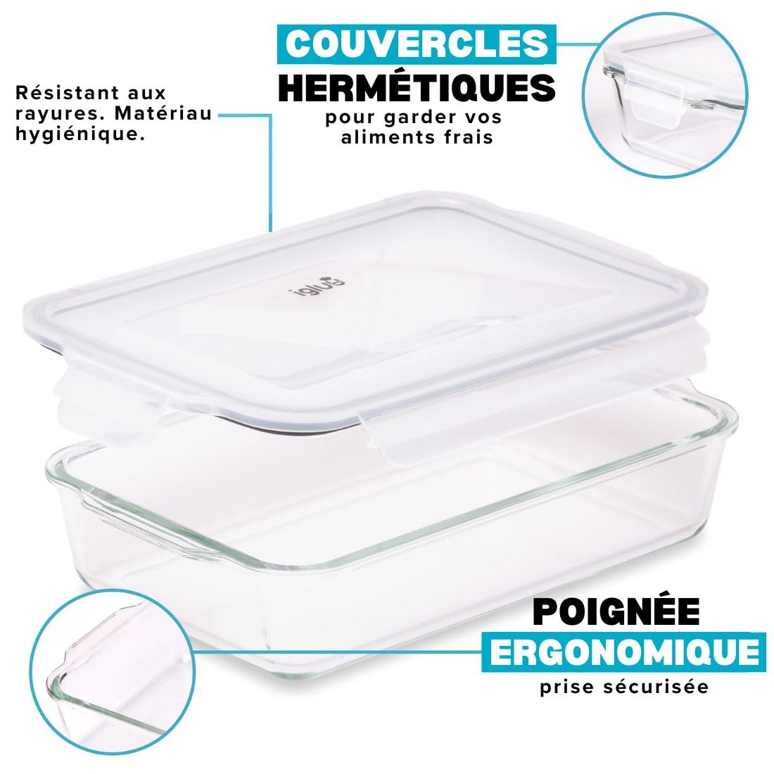 Igluu Meal Prep Plat à lasagnes en Verre (Lot de 1) – Couvercle hermétique à fermeture à pression et Sans BPA – Compatible micro-ondes, four, congélateur et lave-vaisselle – 2,2 L – Verre Borosilicate