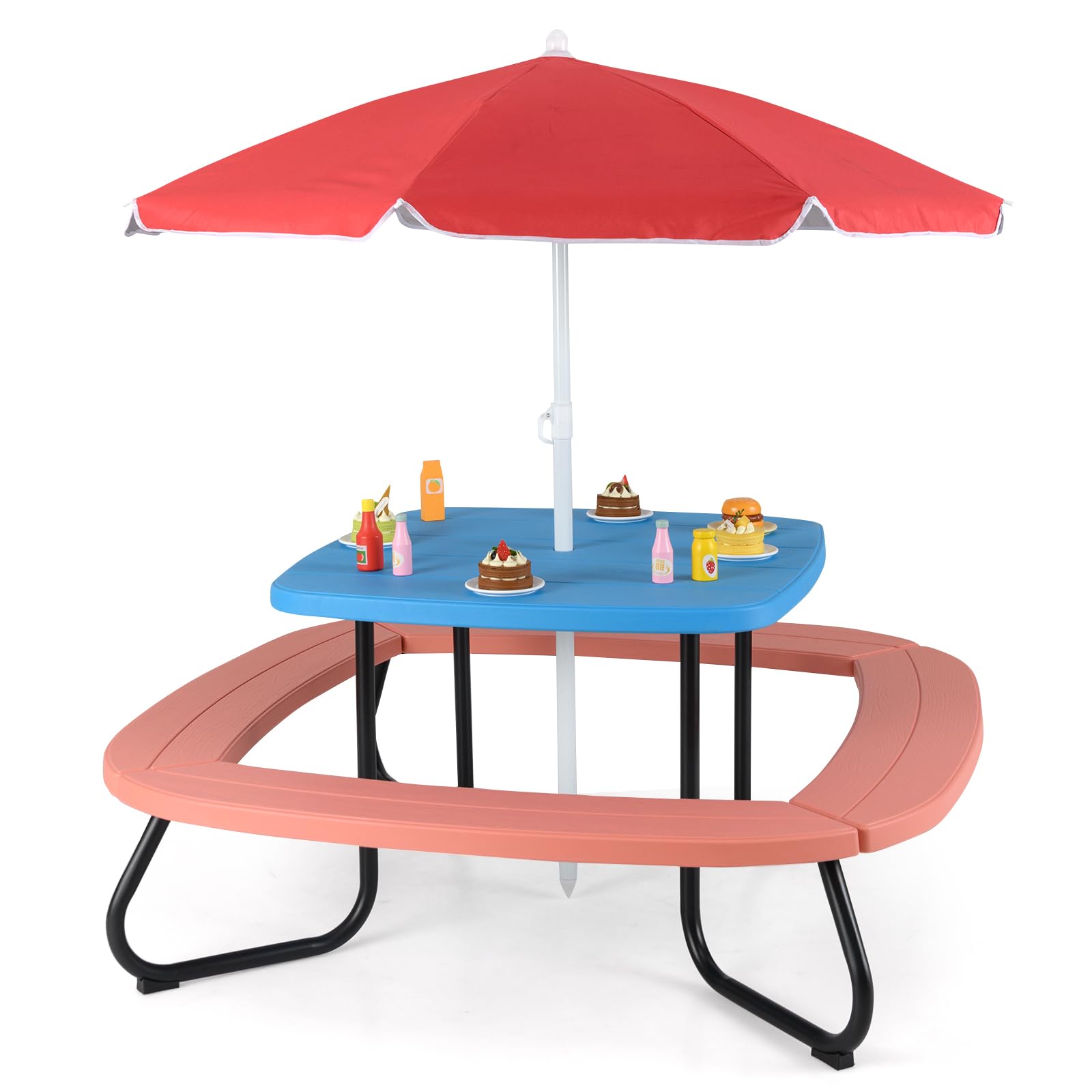 COSTWAY Kids Picnic Table, 8 Person Toddler Outdoor Table and Chair Set with Removable & Adjustable Umbrella, Children Garden Furniture for Backyard Patio Yard (Red+Blue)