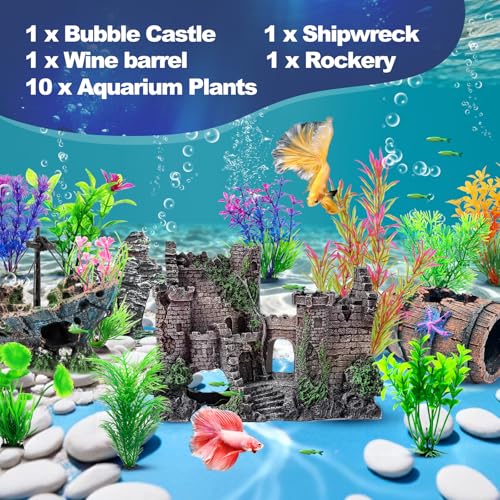 CousDUoBe 14 Pcs Aquarium Decorations Large Kit,Castle Fish Tank Bubbler Decorations,Starfish Barrel, Resin Cave Rock,Resin Material Sunken Ship,Aquarium Plants Large Fish Bowl Ornaments - Image 3
