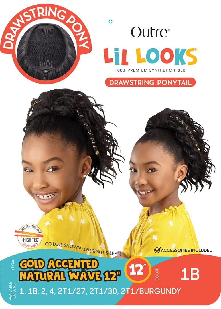 Outre Lil Looks Drawstring Ponytail GOLD ACCENTED NATURAL WAVE 12″ (1B)