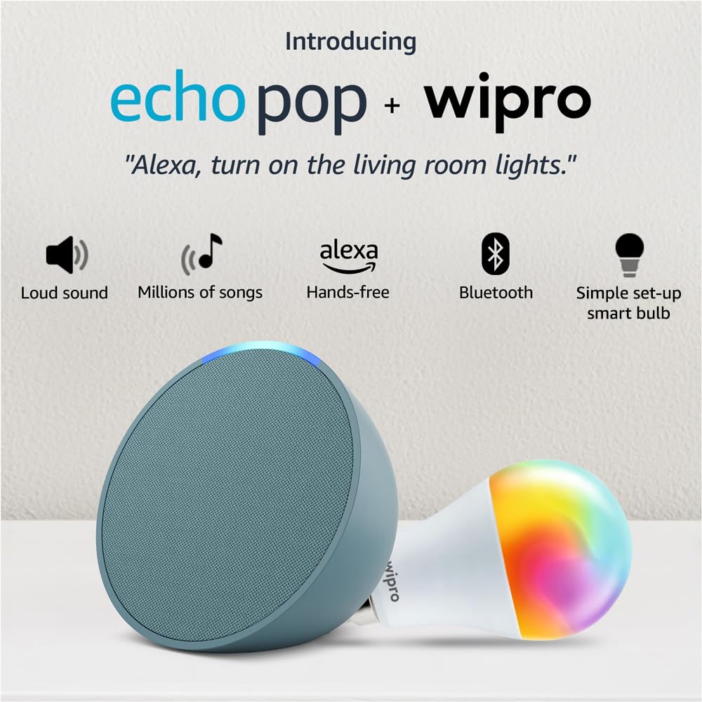 Amazon Echo Pop (Green) Smart Home Speaker Combo with Wipro Simple Setup 9W LED Smart Bulb | with Bluetooth and Alexa Amazon Echo Pop (Green) Smart Home Speaker Combo with Wipro Simple Setup 9W LED Smart Bulb | with Bluetooth and Alexa