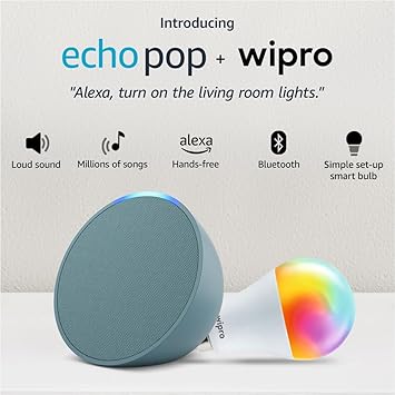 Amazon Echo Pop (Green) Smart Home Speaker Combo with Wipro Simple Setup 9W LED Smart Bulb | with Bluetooth and Alexa